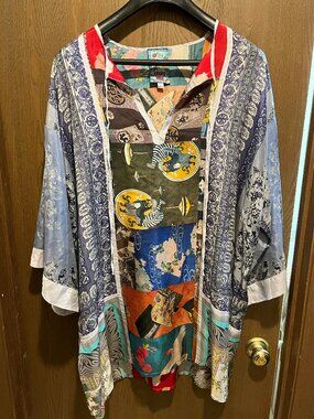 Johnny Was Silk Kimono Cover Up oversized Size S Multicolor Boho Print 100% Silk